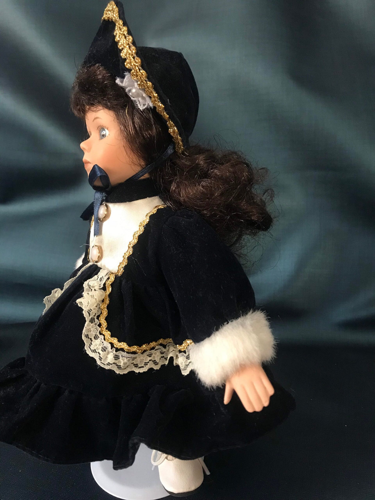 Vintage Porcelain Doll — Navy Velvet Dress & Gold-Trimmed Hat
