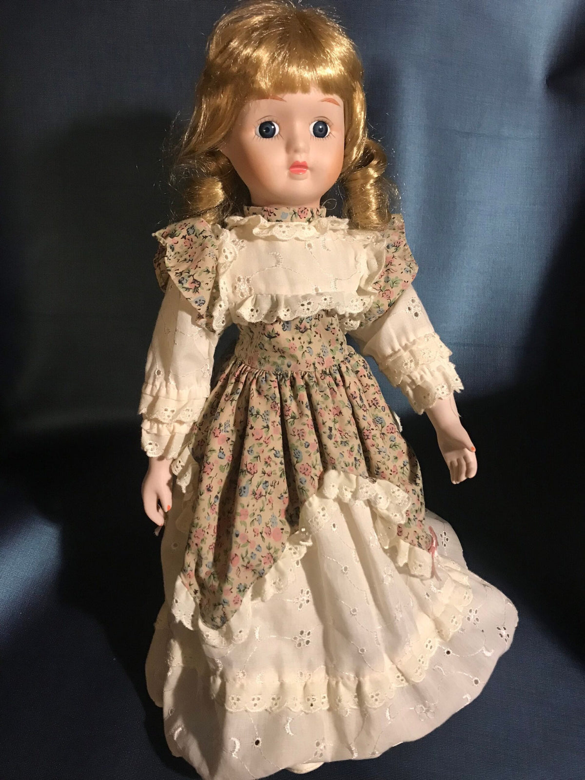 Vintage Porcelain Doll — Rosebud Print Dress & Lace Pinafore — Blonde Curls