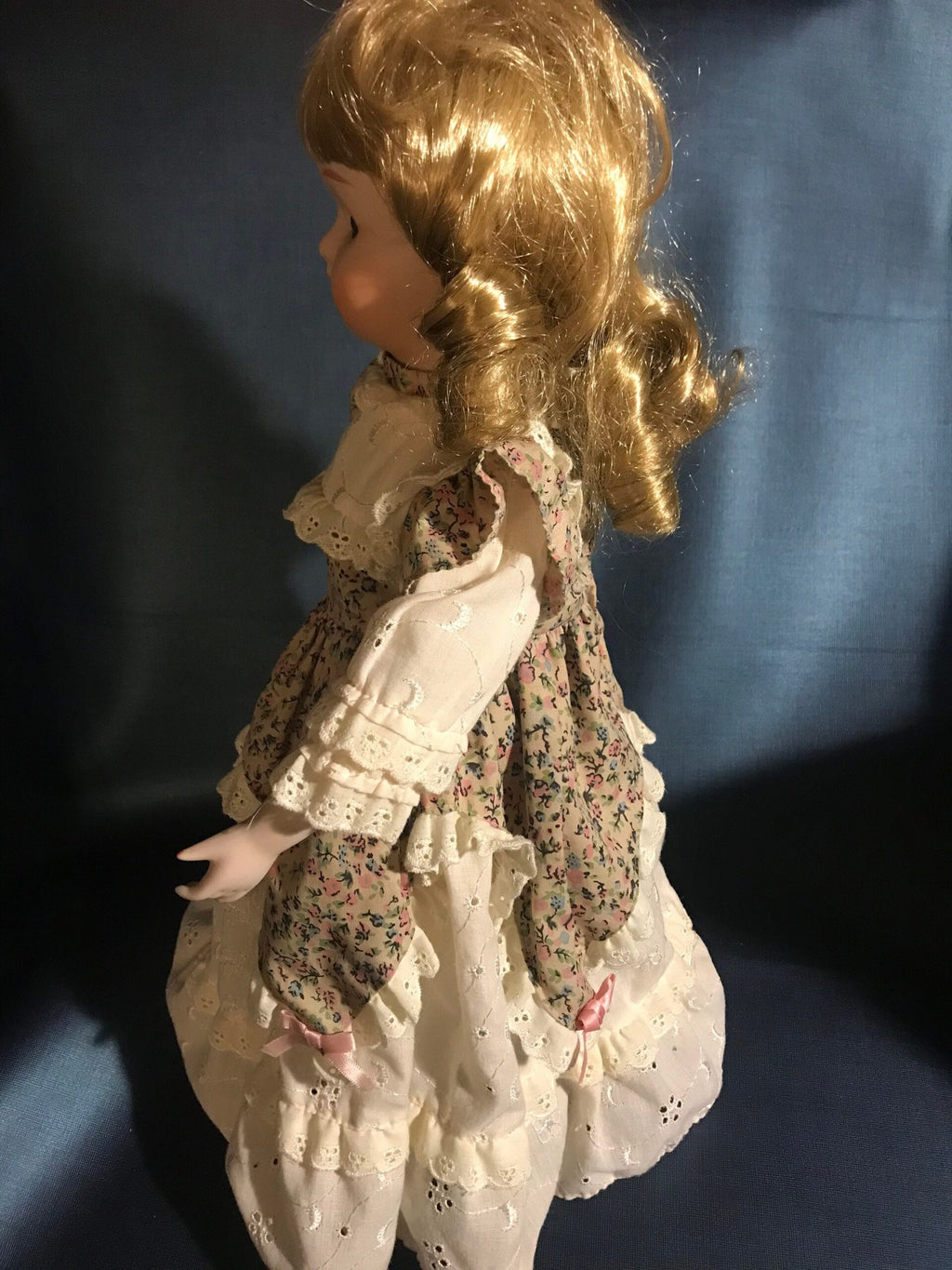 Vintage Porcelain Doll — Rosebud Print Dress & Lace Pinafore — Blonde Curls