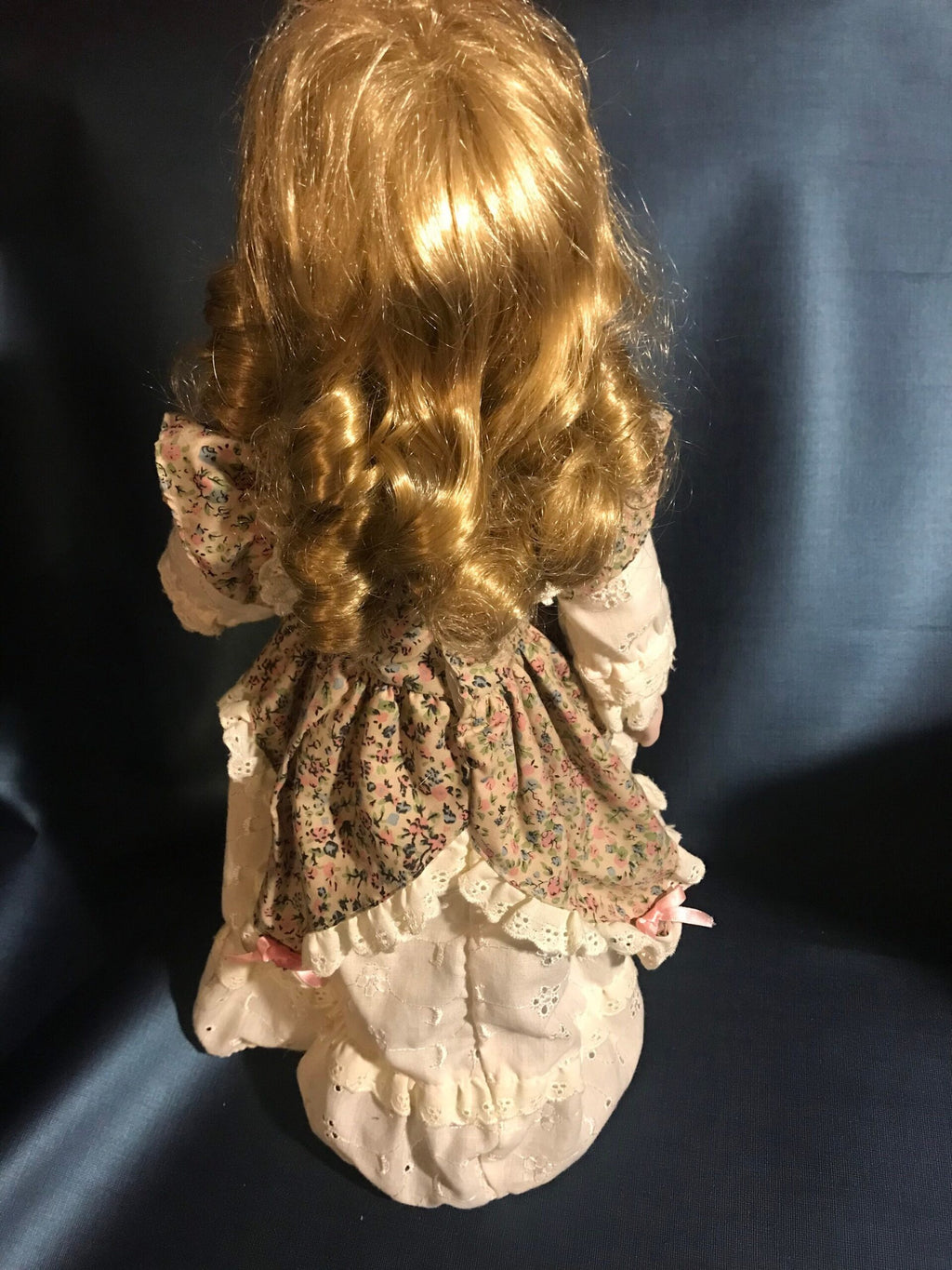 Vintage Porcelain Doll — Rosebud Print Dress & Lace Pinafore — Blonde Curls