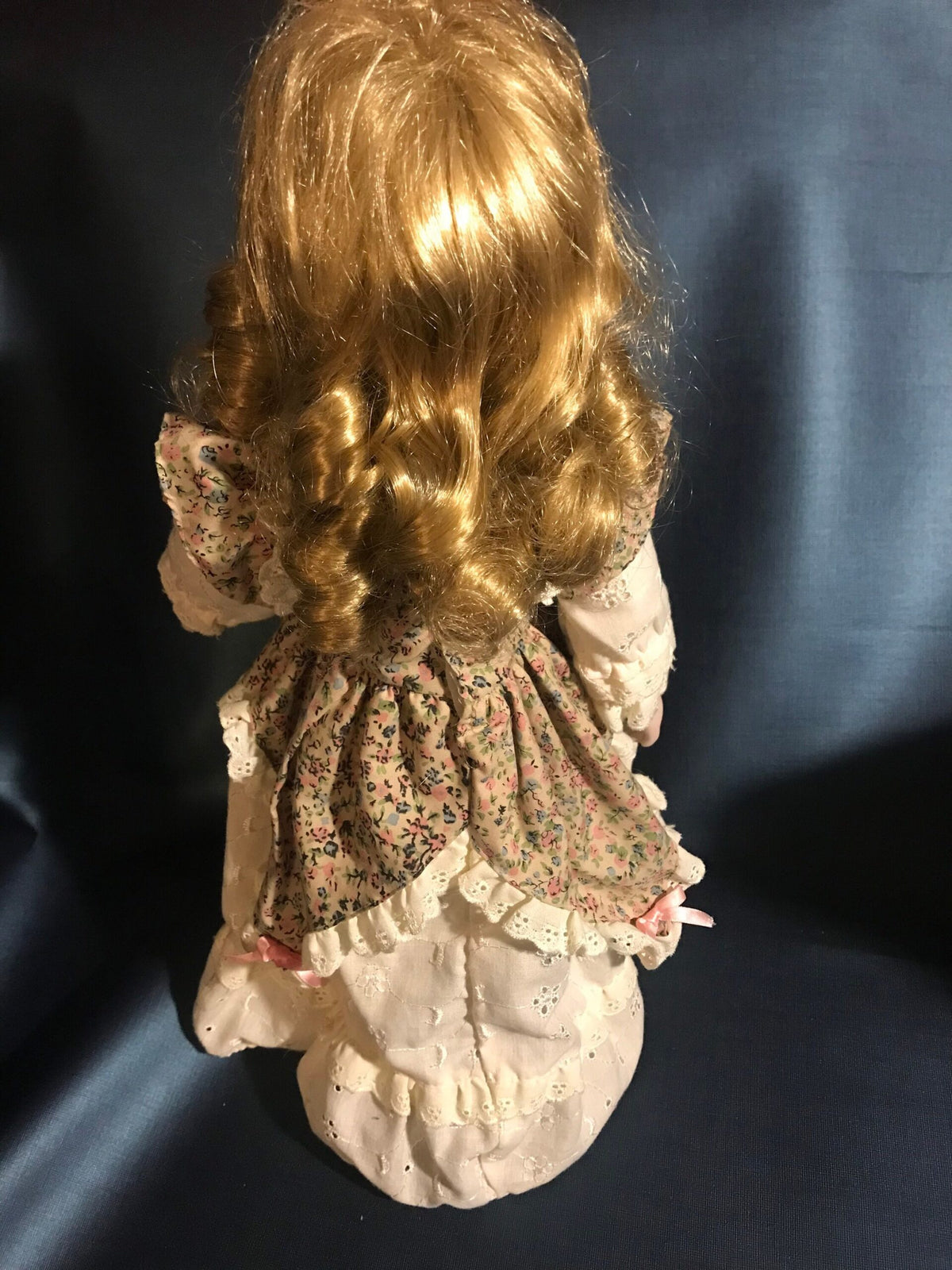 Vintage Porcelain Doll — Rosebud Print Dress & Lace Pinafore — Blonde Curls