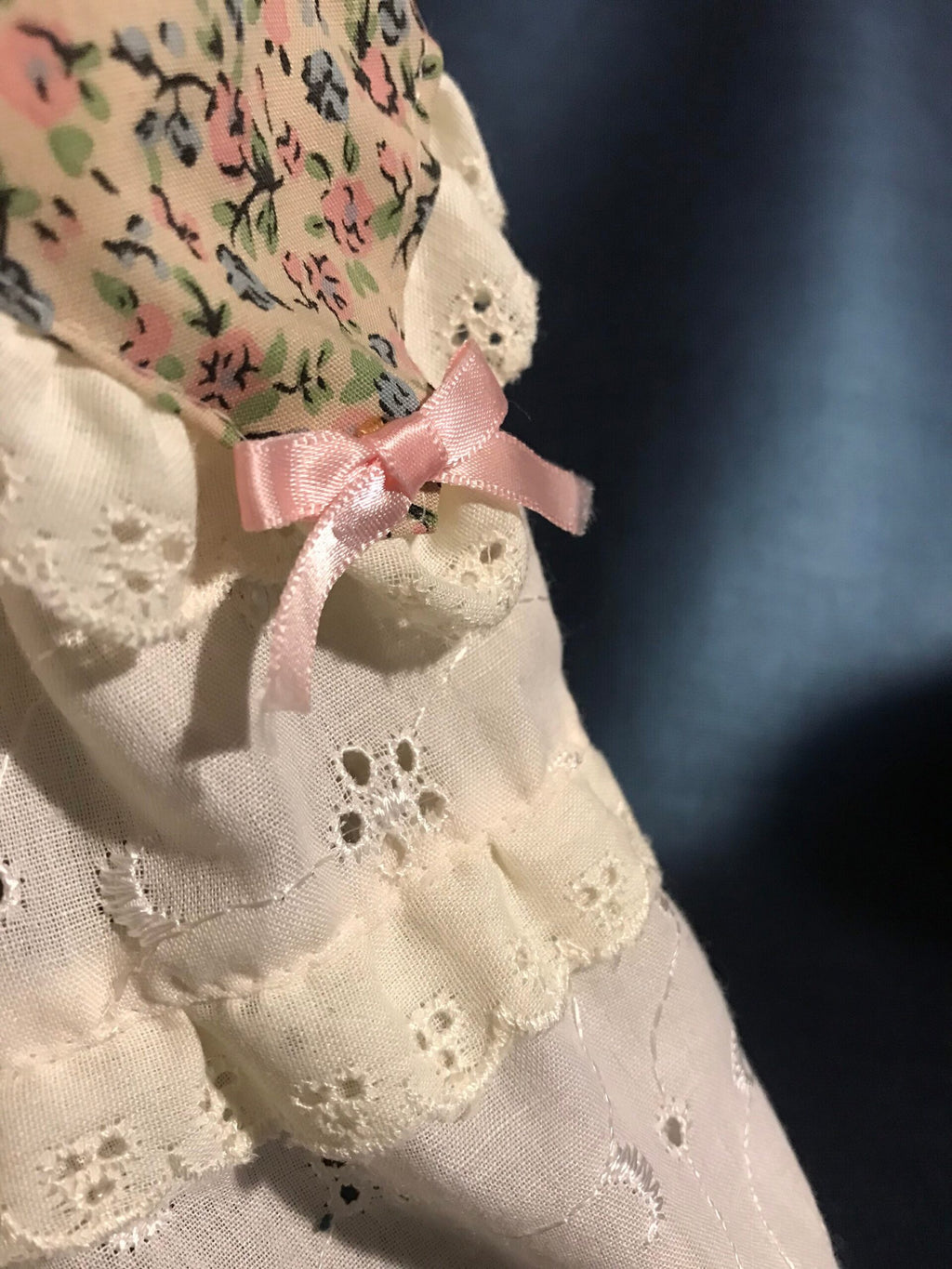 Vintage Porcelain Doll — Rosebud Print Dress & Lace Pinafore — Blonde Curls