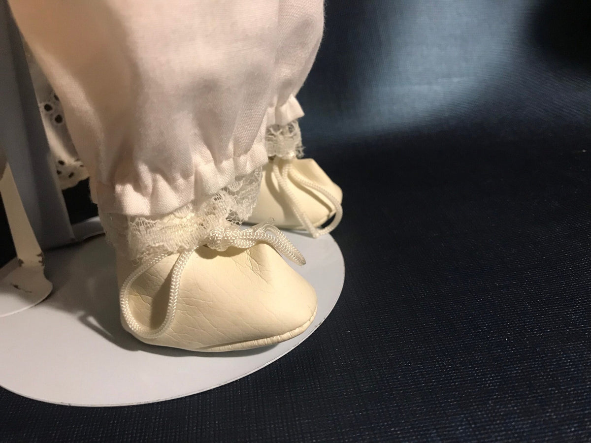Vintage Porcelain Doll — Rosebud Print Dress & Lace Pinafore — Blonde Curls