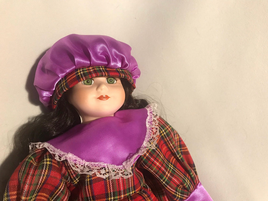 Vintage Porcelain Doll — Red Tartan Dress & Purple Satin Bonnet
