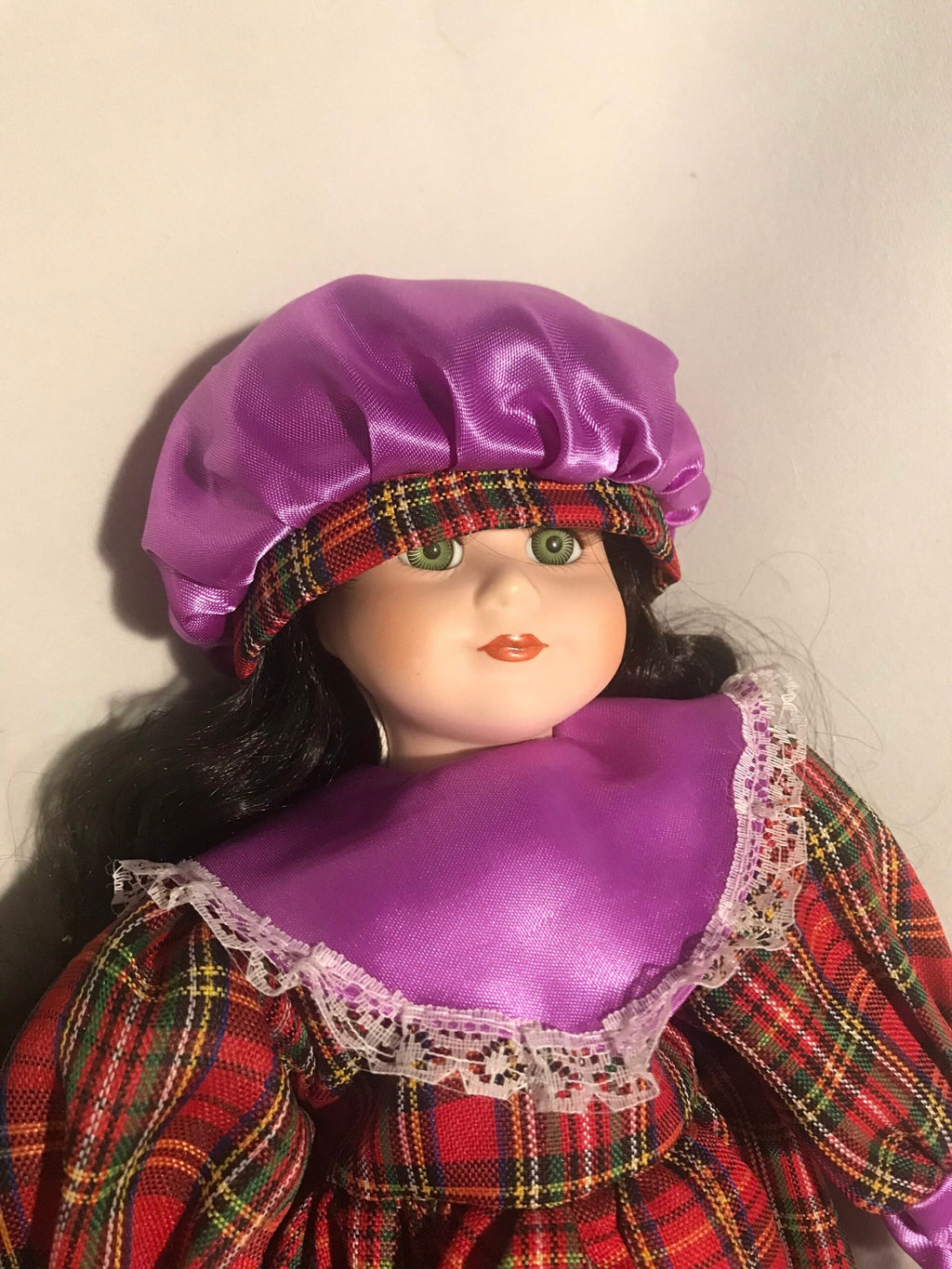 Vintage Porcelain Doll — Plaid & Purple Dress — 16″