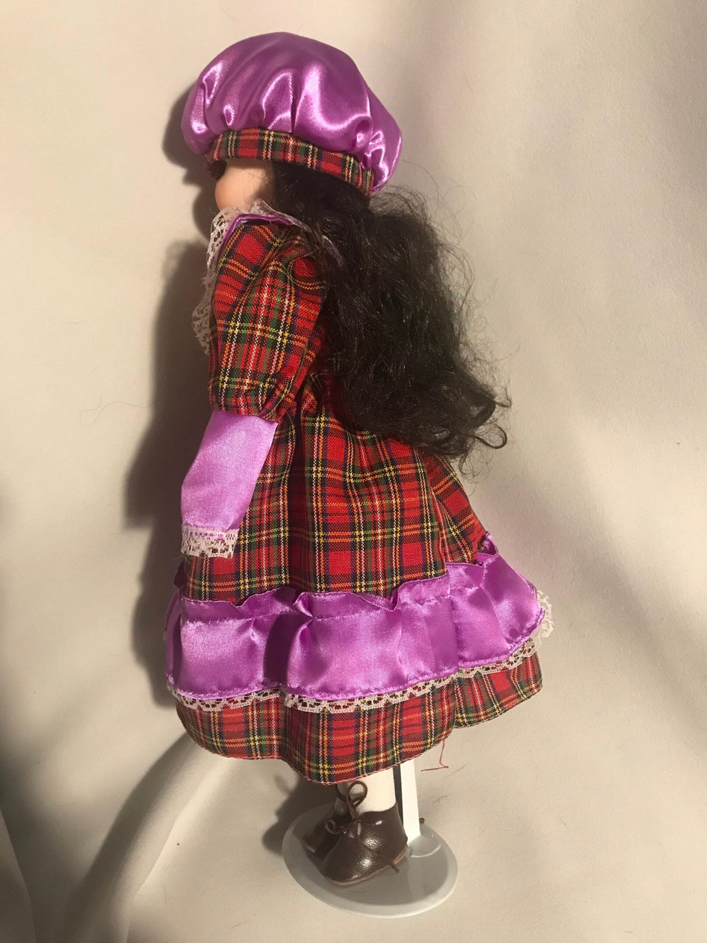Vintage Porcelain Doll — Red Tartan Dress & Purple Satin Bonnet