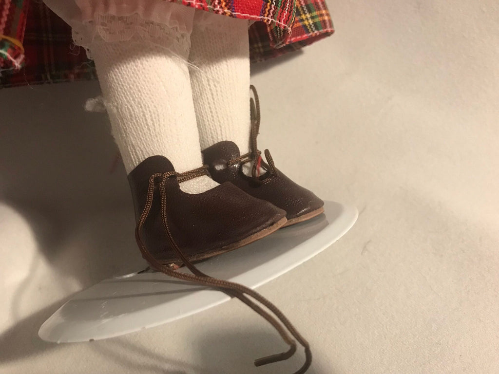 Vintage Porcelain Doll — Red Tartan Dress & Purple Satin Bonnet