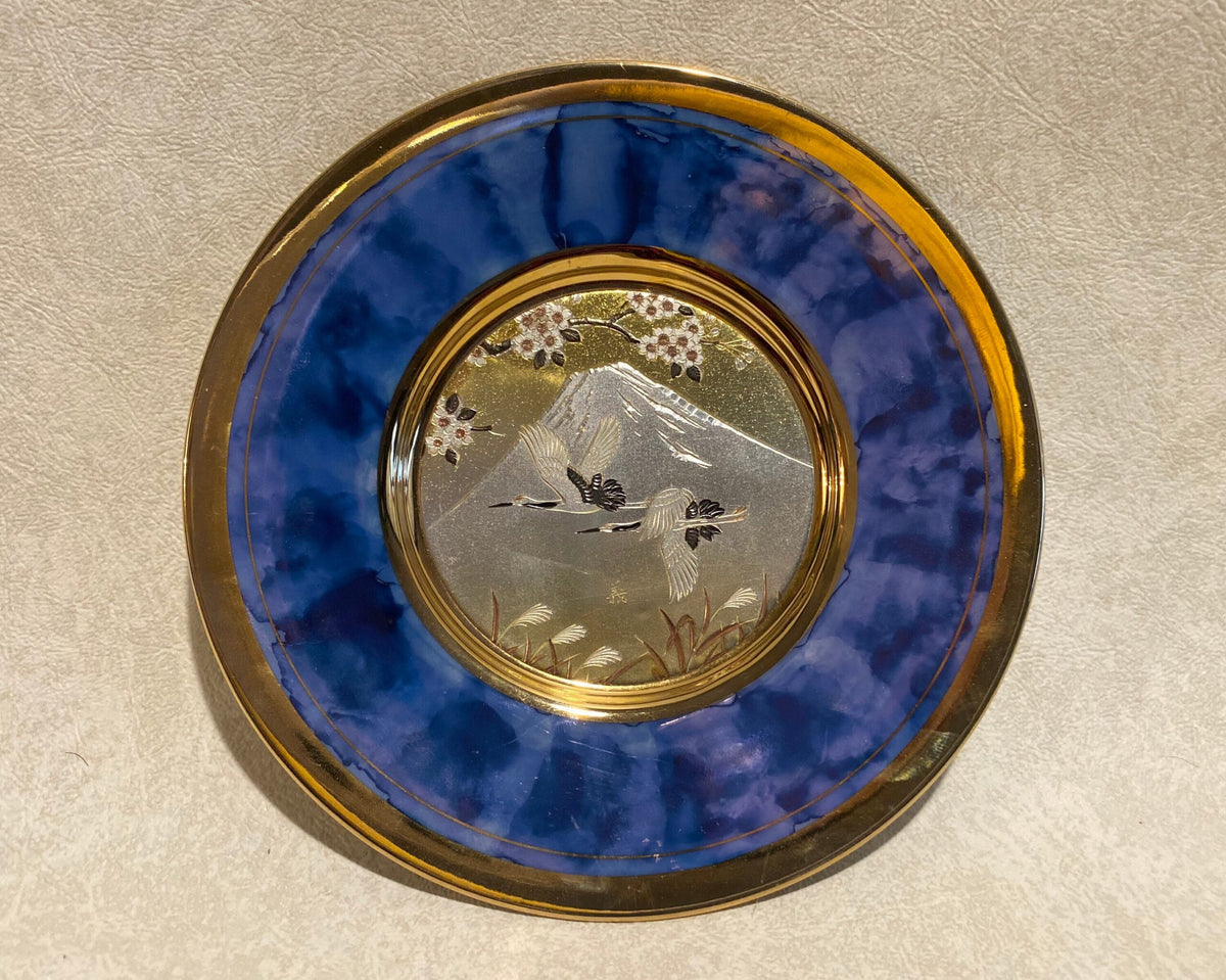 Art of Chokin Japanese Decorative Plate — 24K Gold Edged — Carved Metal — 6″
