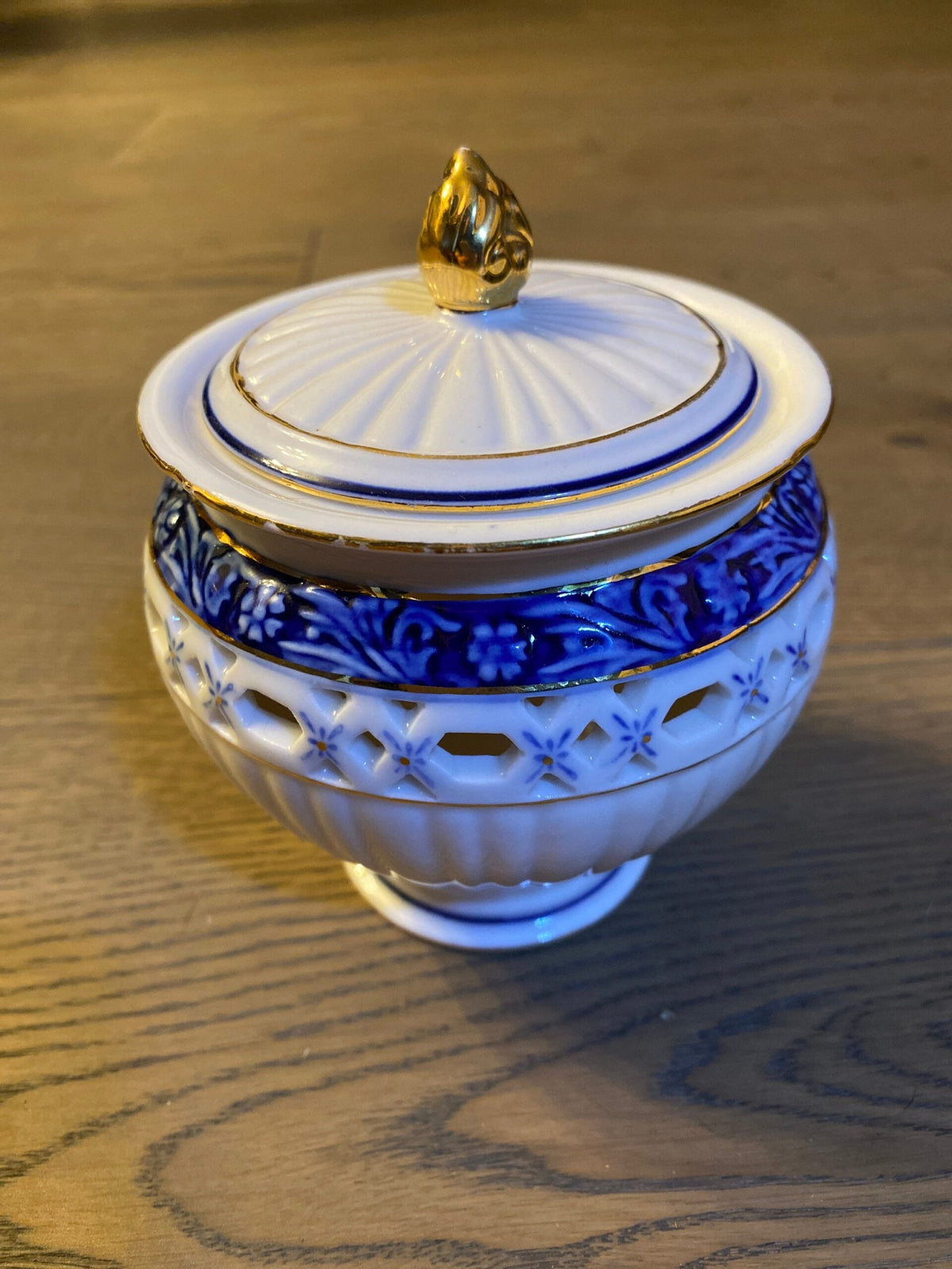 Vintage Porcelain Sugar Bowl with Lid — Cobalt Blue & Gold, Reticulated