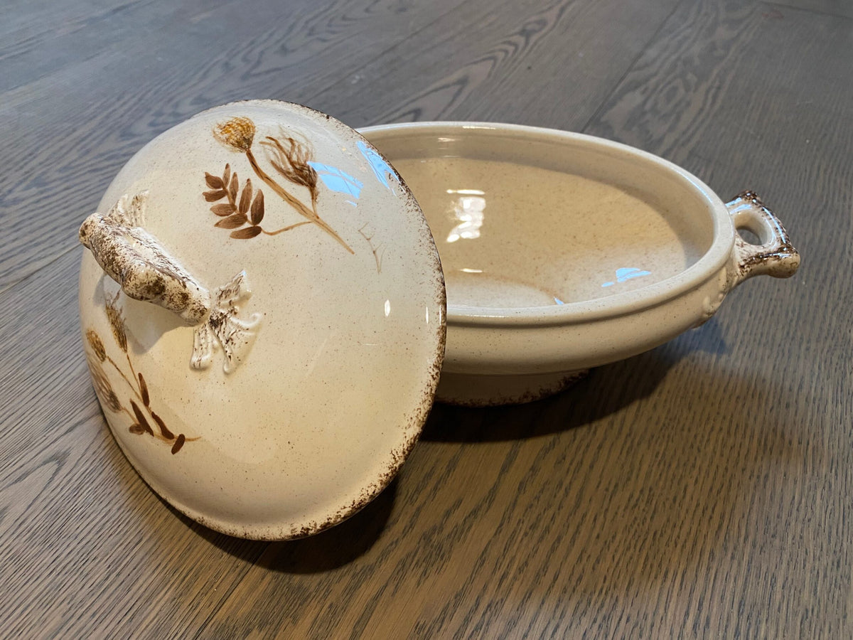 Vintage Stoneware Covered Serving Dish — Hand-Painted Wheat Pattern