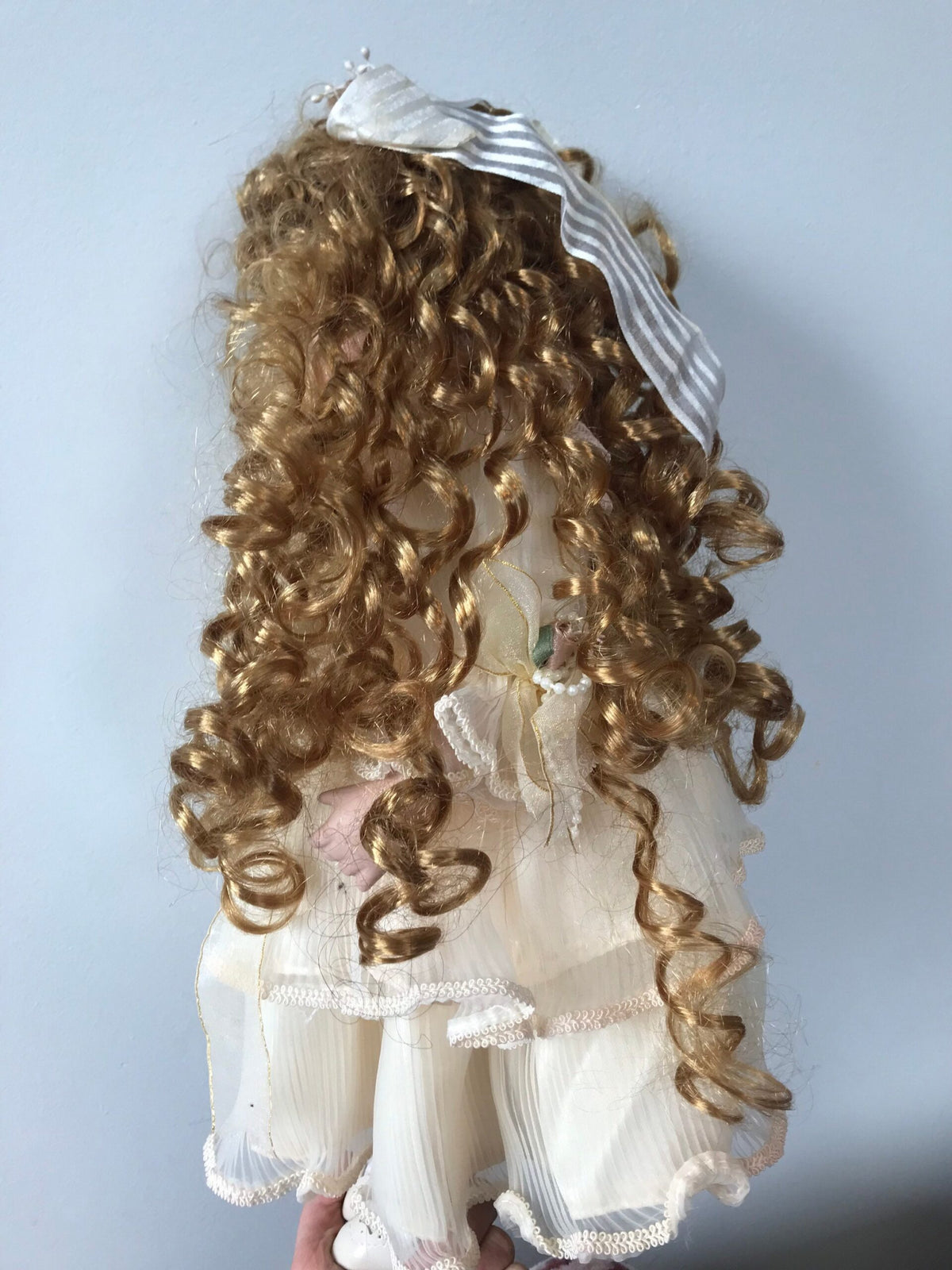 Vintage Porcelain Doll — Cream Lace Gown with Golden Ringlets