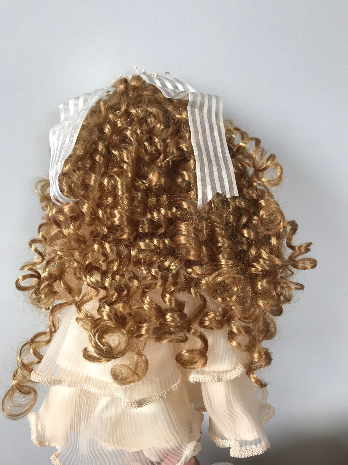 Vintage Porcelain Doll — Cream Lace Gown with Golden Ringlets