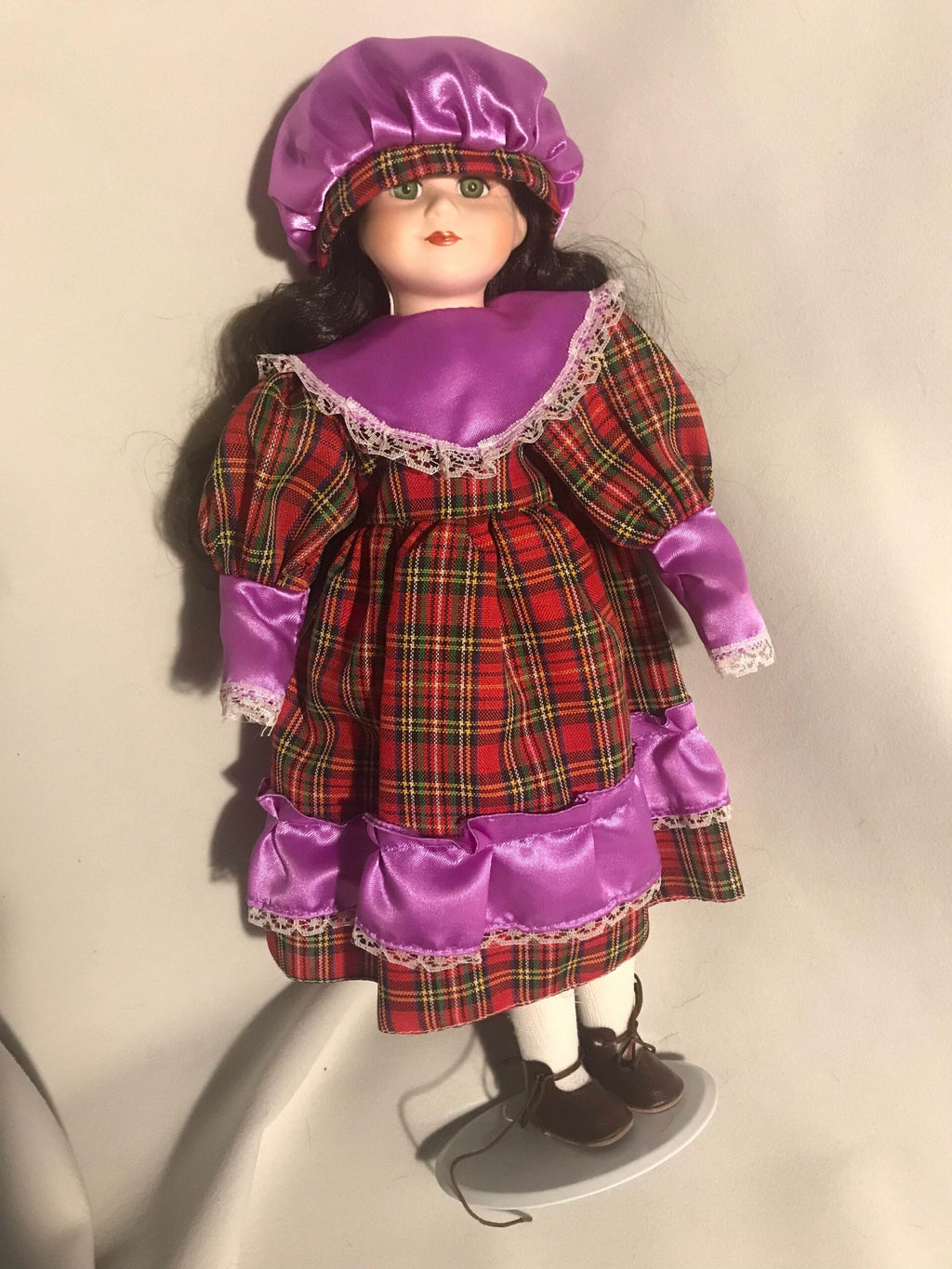 Vintage Porcelain Doll — Red Tartan Dress & Purple Satin Bonnet