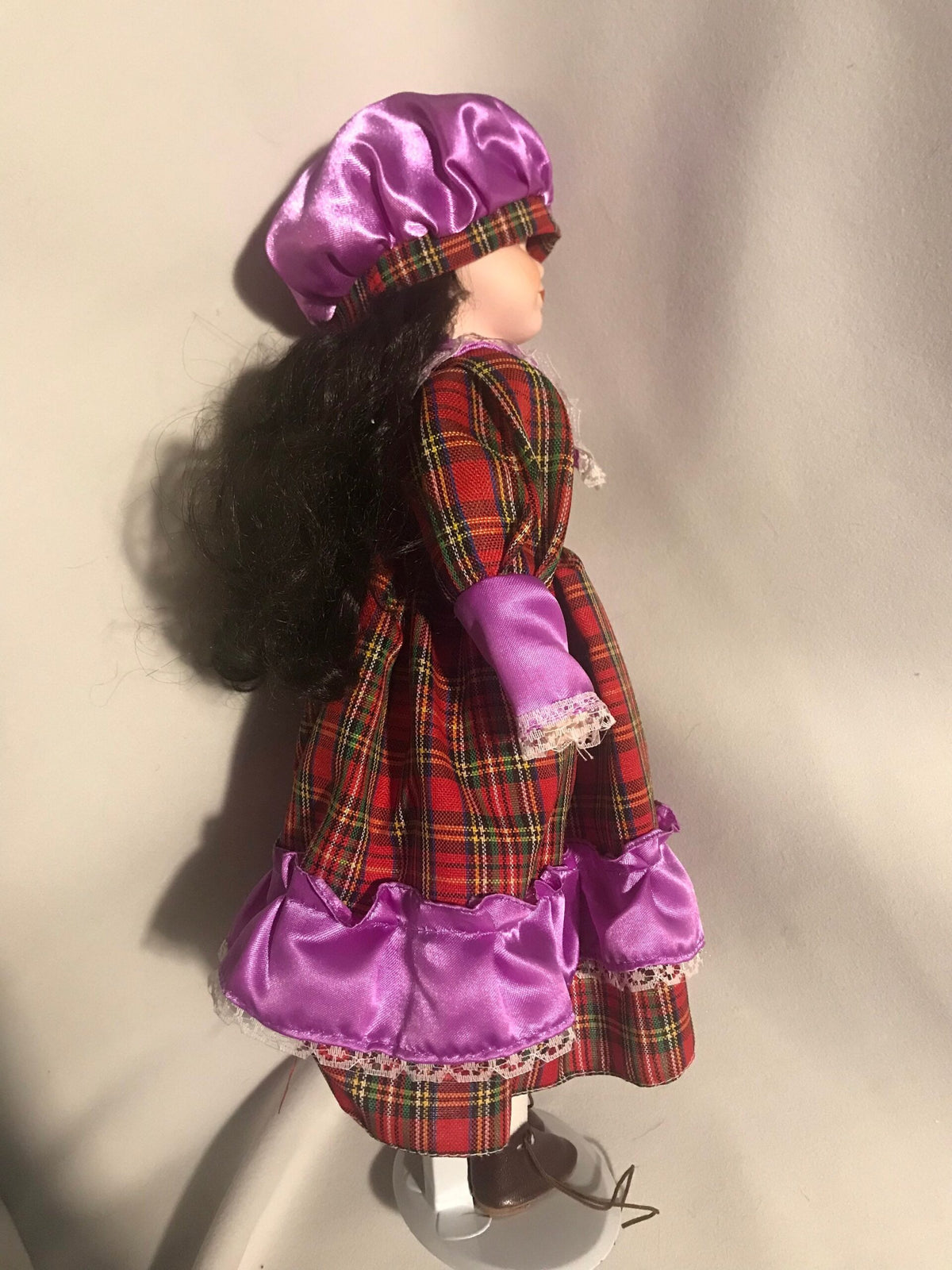 Vintage Porcelain Doll — Red Tartan Dress & Purple Satin Bonnet