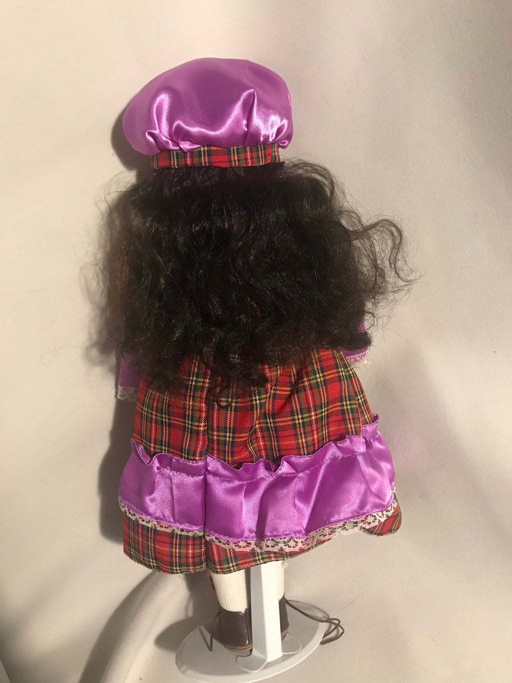 Vintage Porcelain Doll — Red Tartan Dress & Purple Satin Bonnet