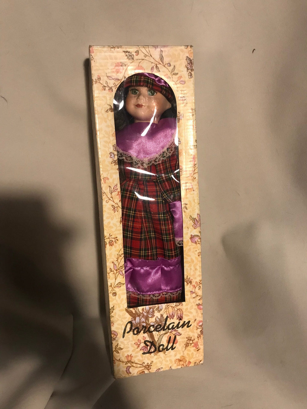 Vintage Porcelain Doll — Red Tartan Dress & Purple Satin Bonnet