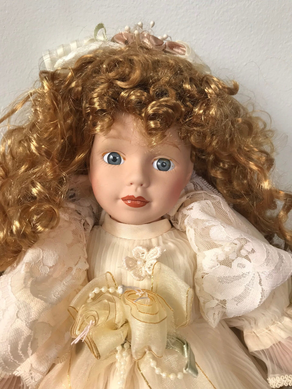 Vintage Porcelain Doll — Cream Lace Gown with Golden Ringlets
