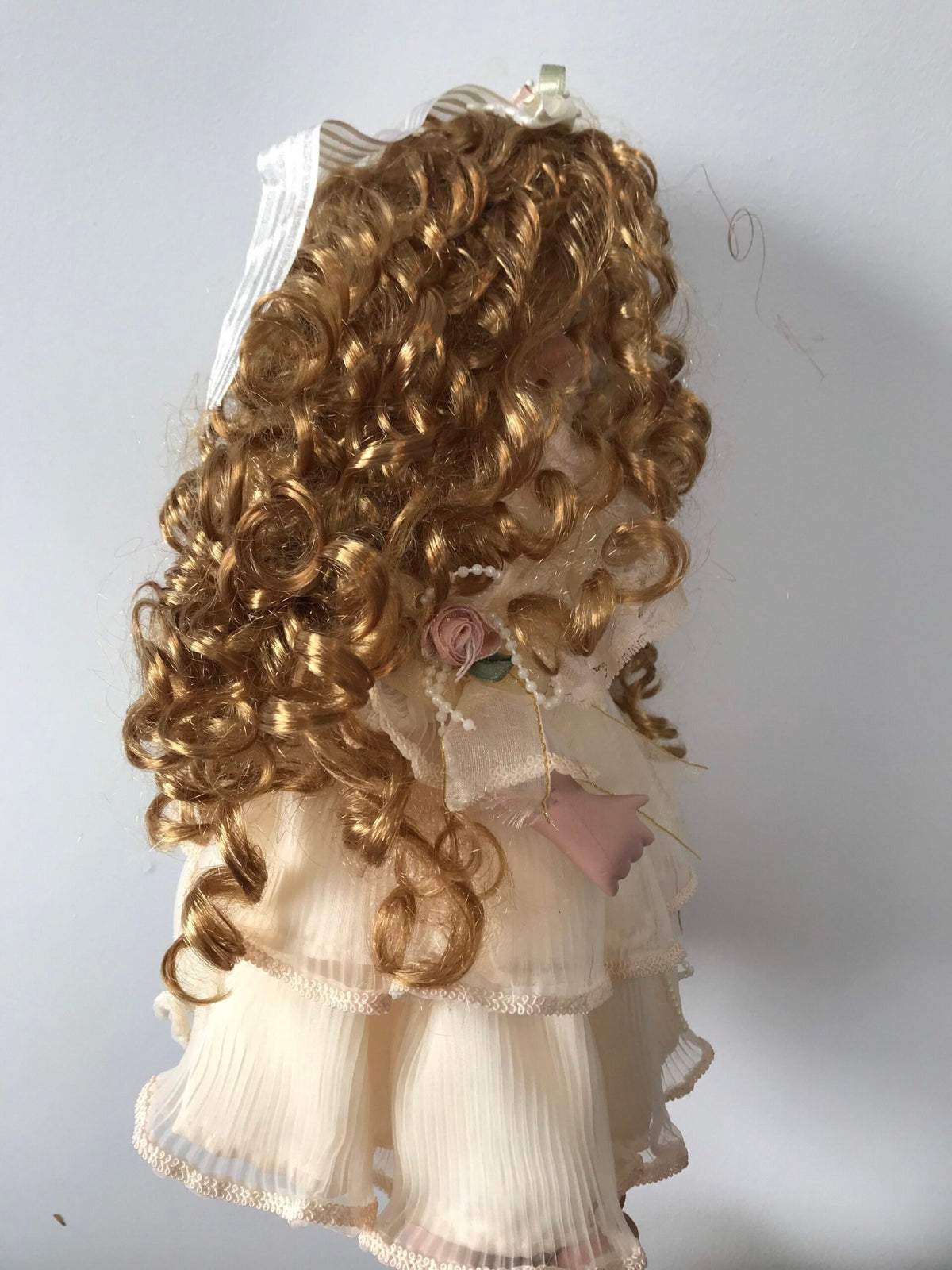 Vintage Porcelain Doll — Cream Lace Gown with Golden Ringlets