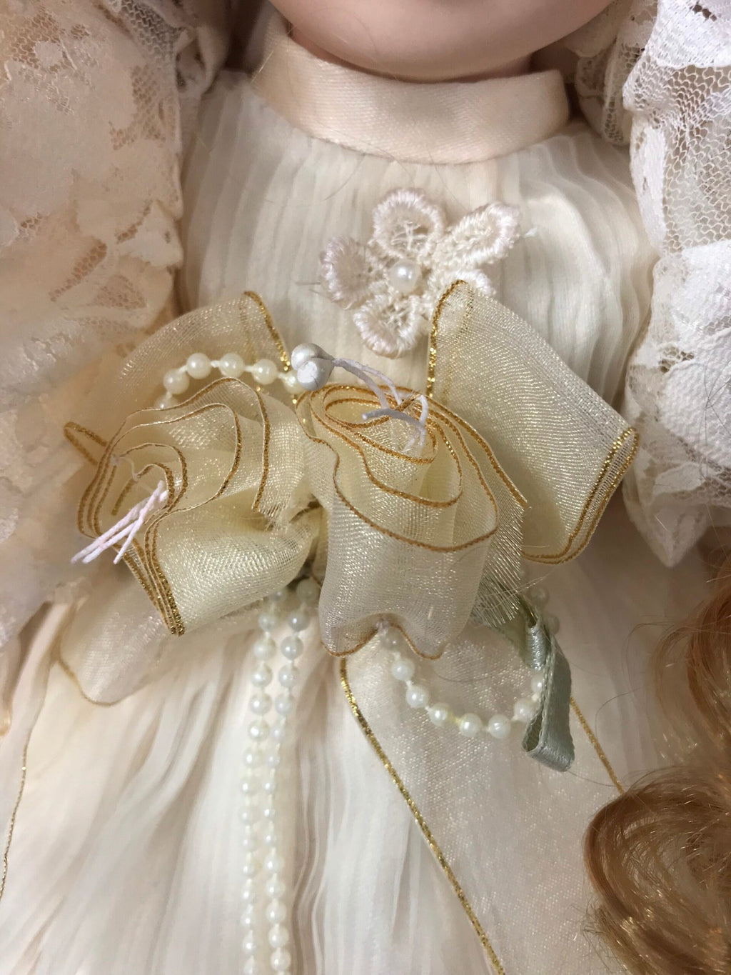 Vintage Porcelain Doll — Cream Lace Gown with Golden Ringlets