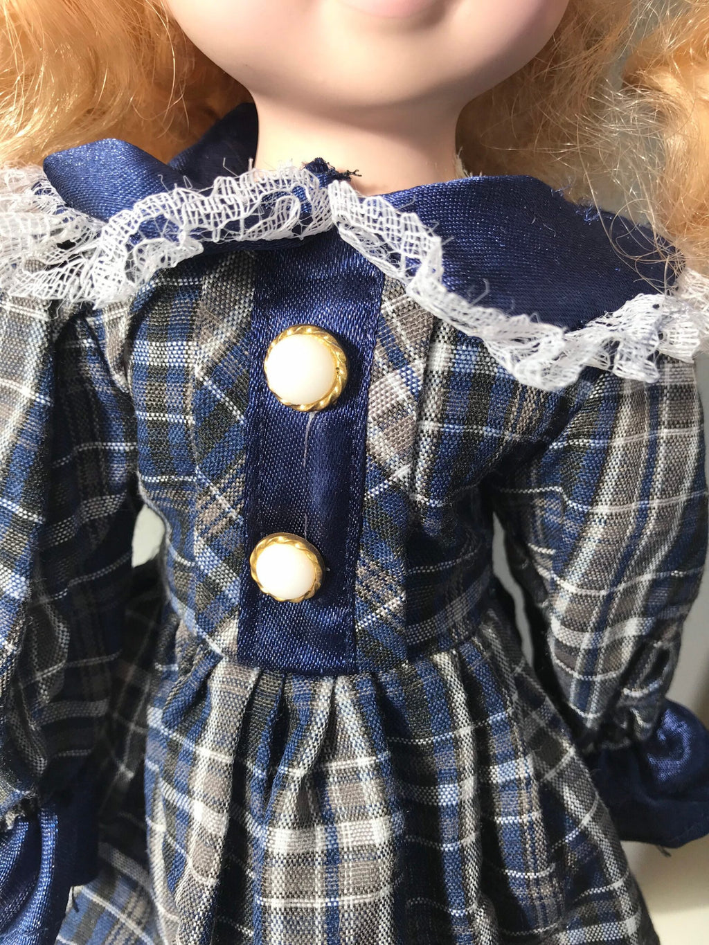 The Princess Collection — Vintage Porcelain Doll — Blue Plaid Dress — 16″