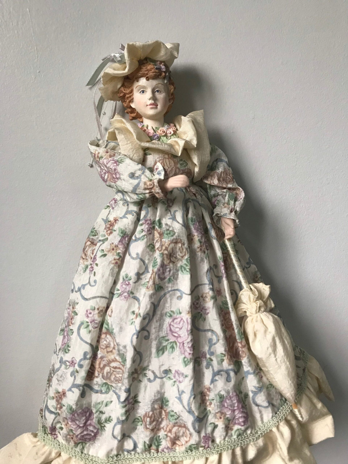 Victorian Lady Porcelain Doll — Floral Tapestry Gown with Parasol