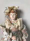 Victorian Lady Porcelain Doll — Floral Tapestry Gown with Parasol