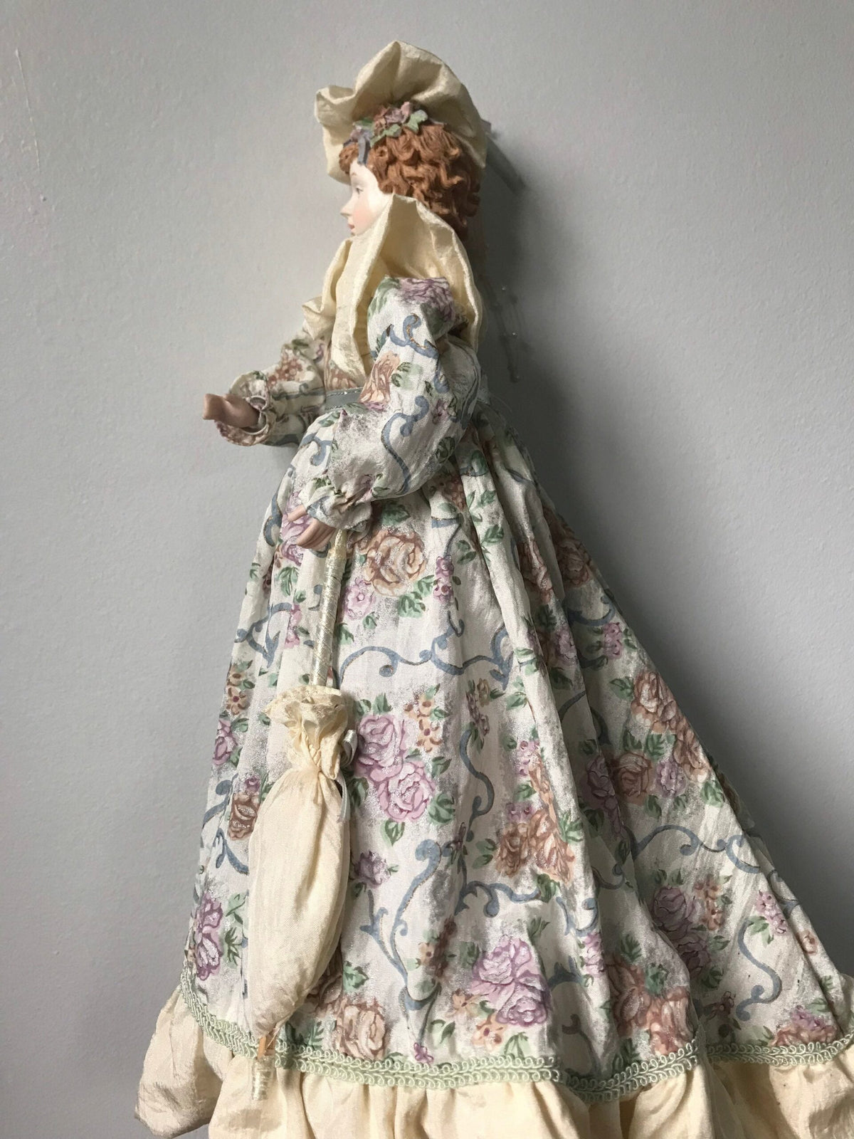 Victorian Lady Porcelain Doll — Floral Tapestry Gown with Parasol