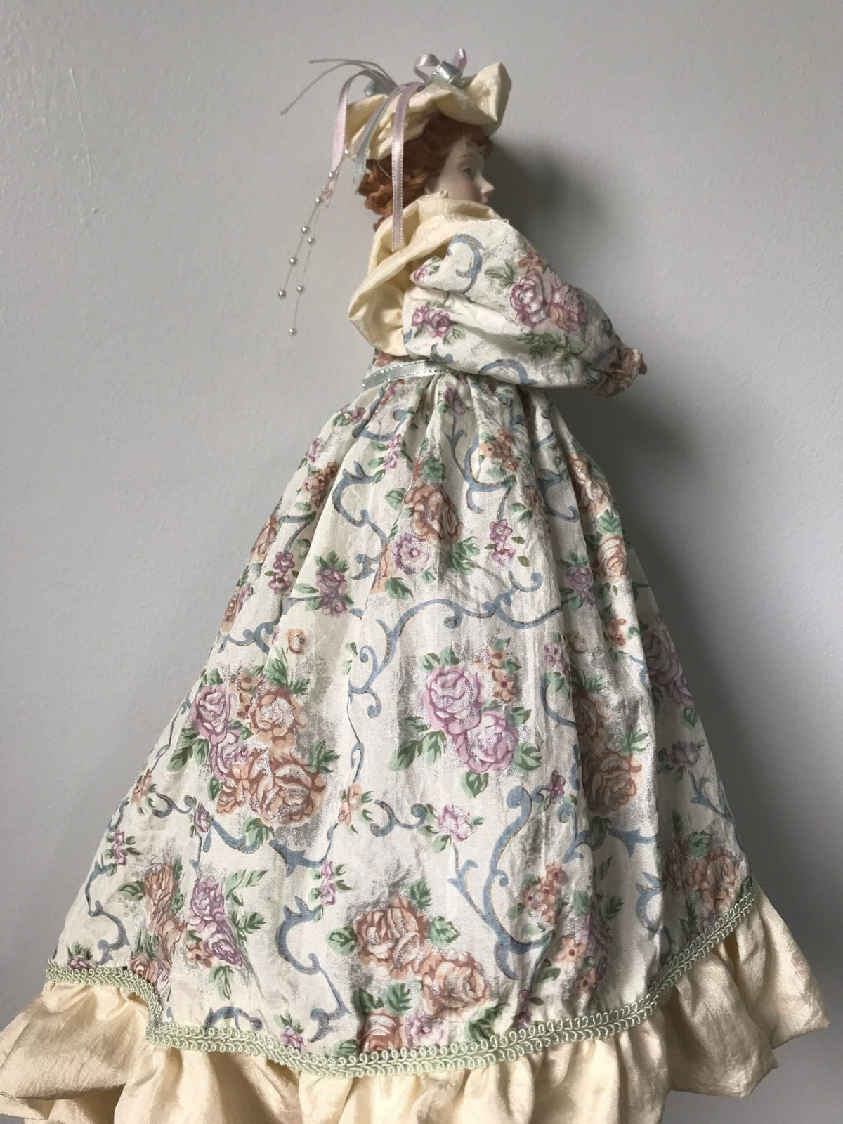 Victorian Lady Porcelain Doll — Floral Tapestry Gown with Parasol