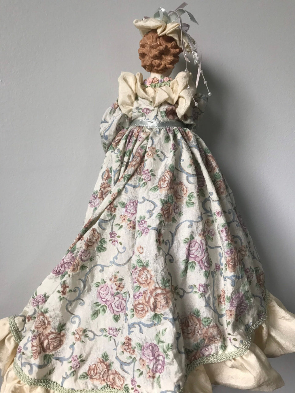 Victorian Lady Porcelain Doll — Floral Tapestry Gown with Parasol