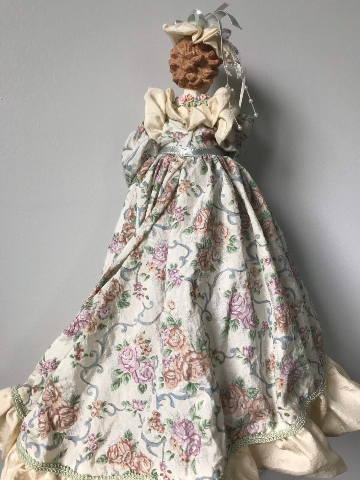 Victorian Lady Porcelain Doll — Floral Tapestry Gown with Parasol