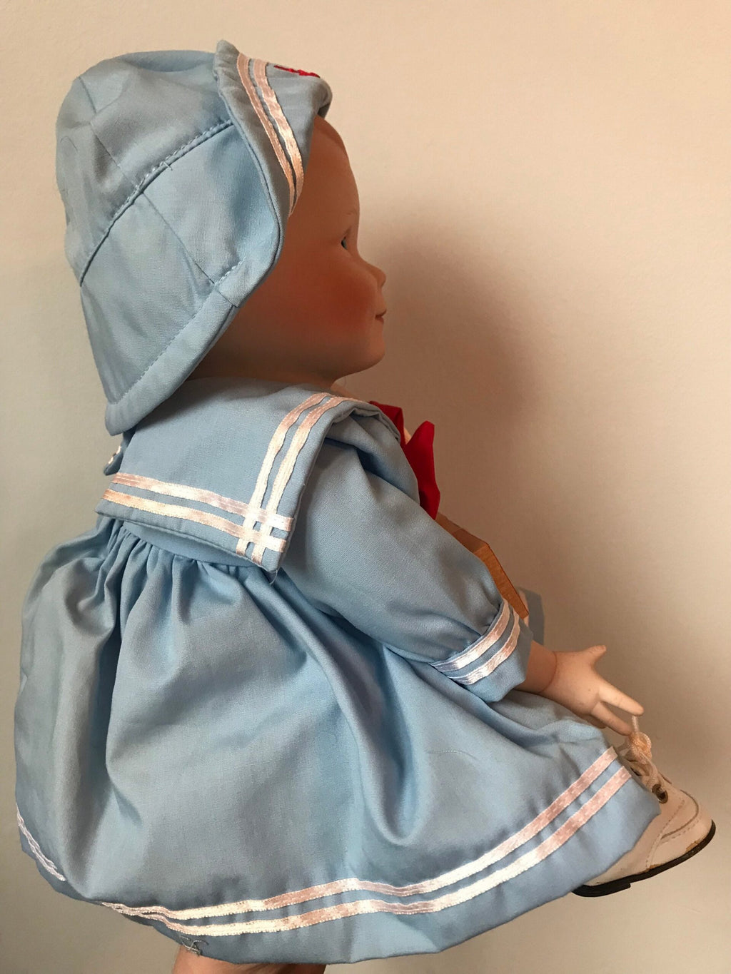 Ashton-Drake “Baby Amanda” Porcelain Doll — Blue Sailor Dress with MOM & DAD Blocks