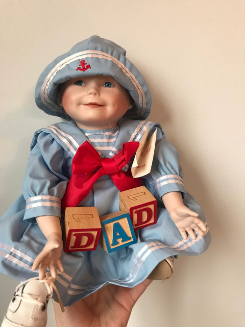 Ashton-Drake “Baby Amanda” Porcelain Doll — Blue Sailor Dress with MOM & DAD Blocks