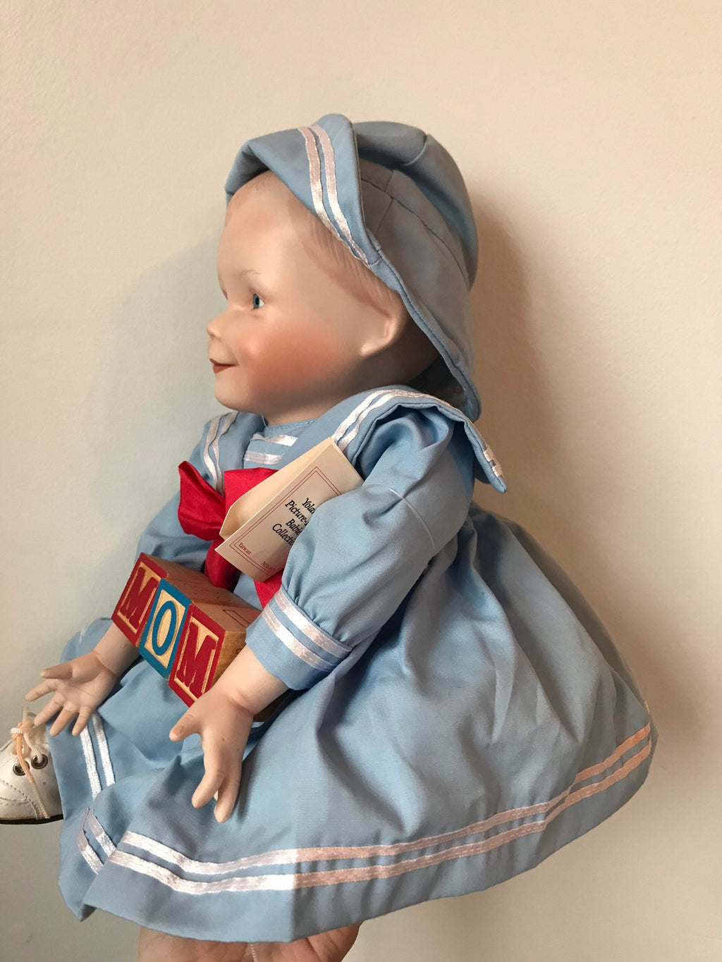 Ashton-Drake “Baby Amanda” Porcelain Doll — Blue Sailor Dress with MOM & DAD Blocks
