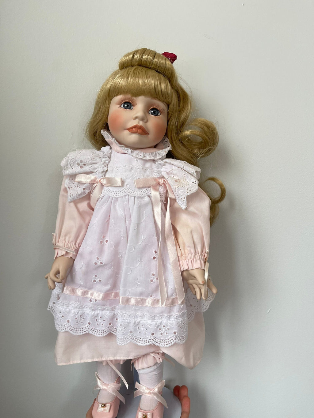 The Hamilton Collection “Heather” Porcelain Doll — Pink Dress with Eyelet Pinafore