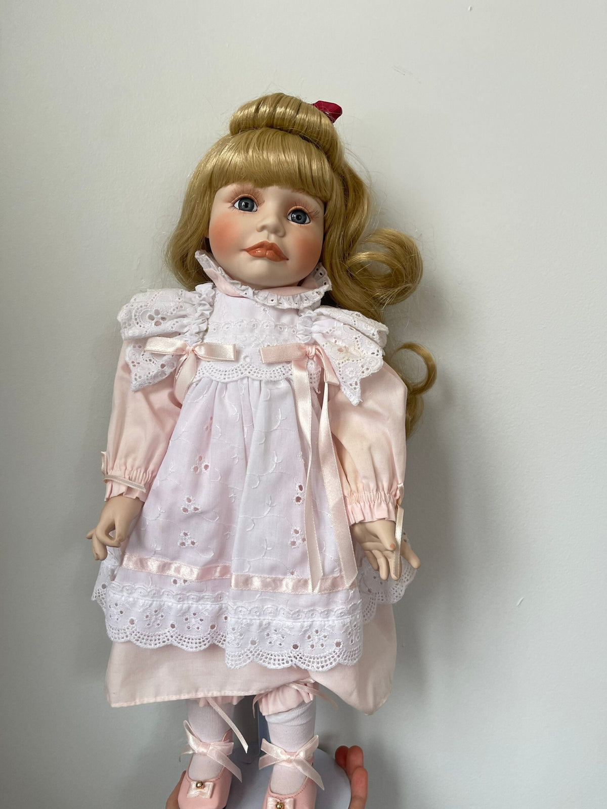The Hamilton Collection “Heather” Porcelain Doll — Pink Dress with Eyelet Pinafore