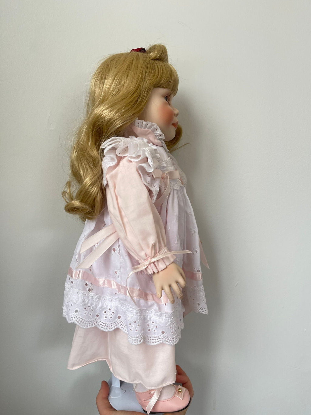 The Hamilton Collection “Heather” Porcelain Doll — Pink Dress with Eyelet Pinafore