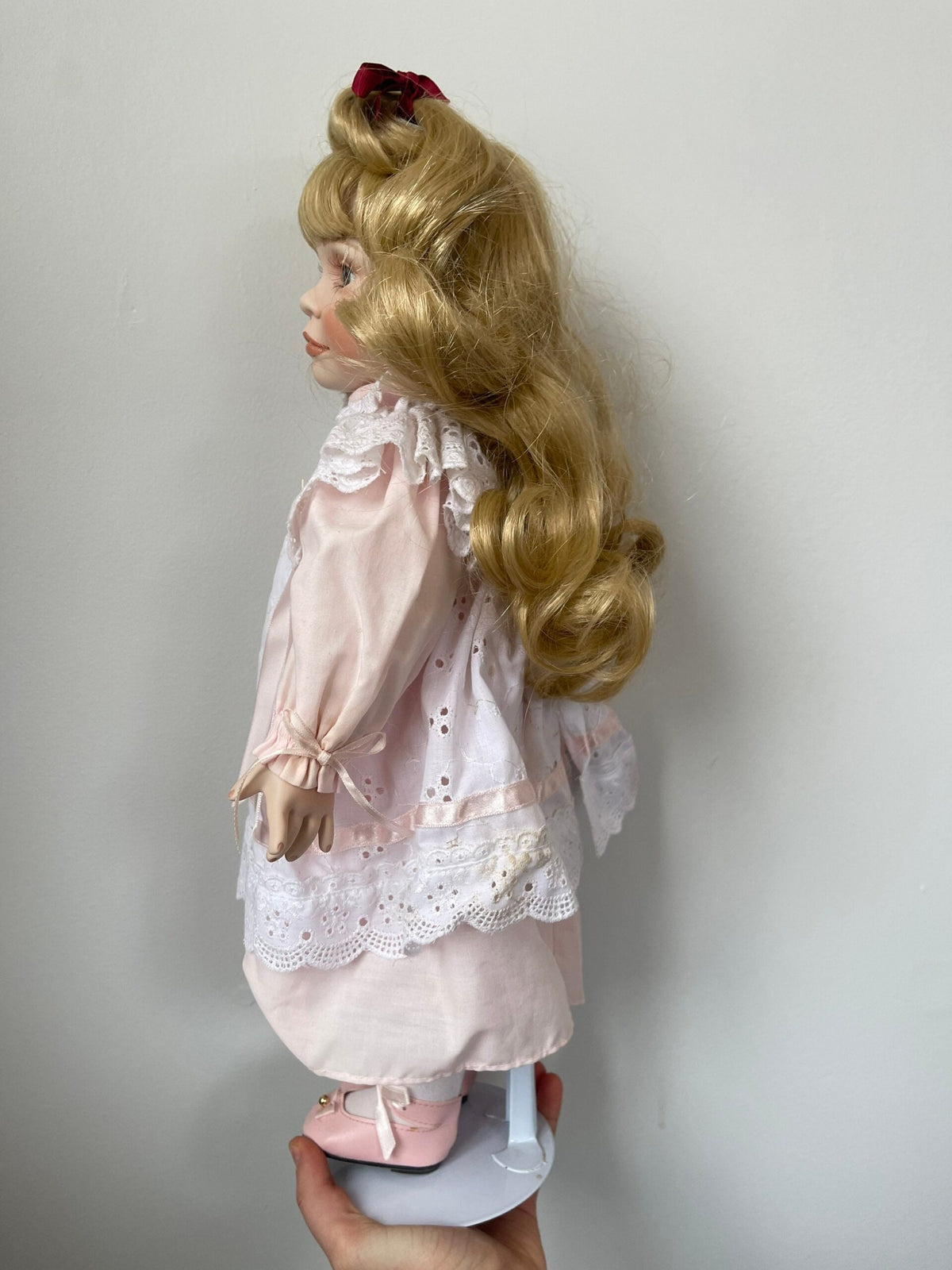 The Hamilton Collection “Heather” Porcelain Doll — Pink Dress with Eyelet Pinafore
