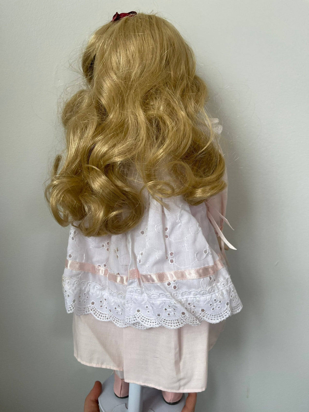 The Hamilton Collection “Heather” Porcelain Doll — Pink Dress with Eyelet Pinafore