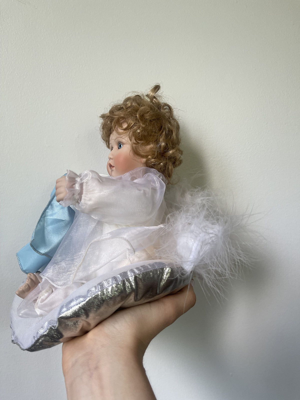 Ashton-Drake Porcelain Angel Baby Doll — White Organza Gown with Blue Pillow