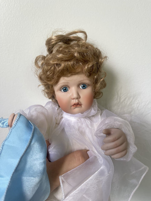 Ashton-Drake Porcelain Angel Baby Doll — White Organza Gown with Blue Pillow