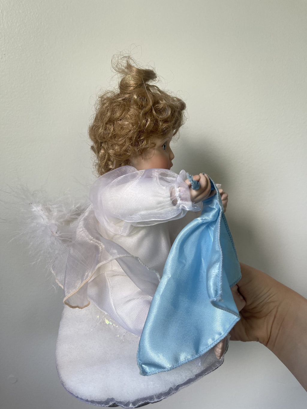 Ashton-Drake Porcelain Angel Baby Doll — White Organza Gown with Blue Pillow