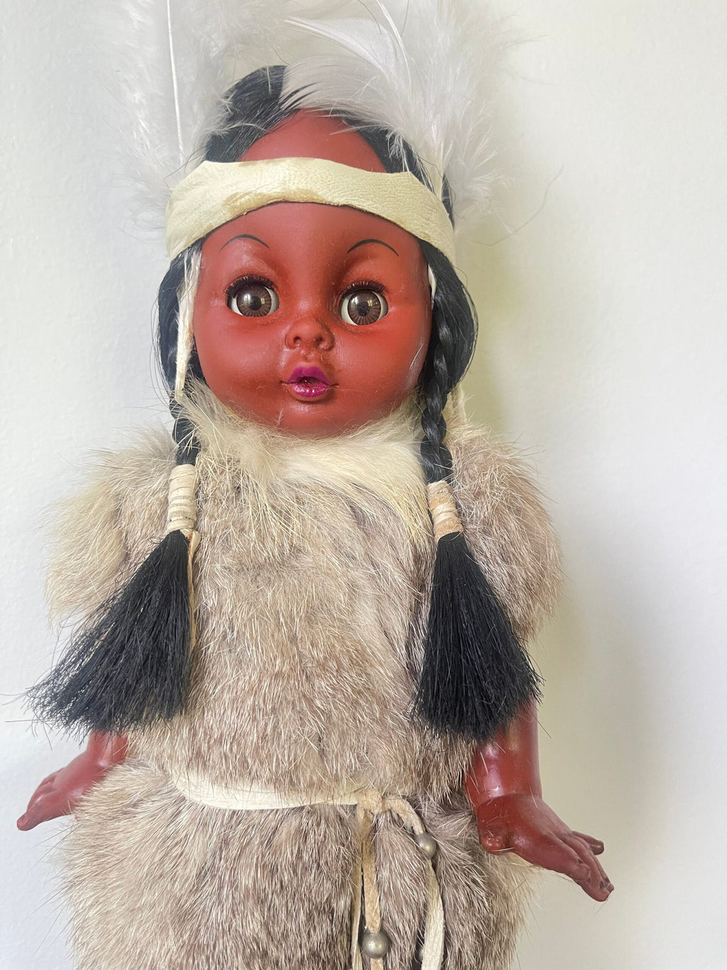 Vintage Native Renaissance Doll — Fur Outfit & Feather Headband