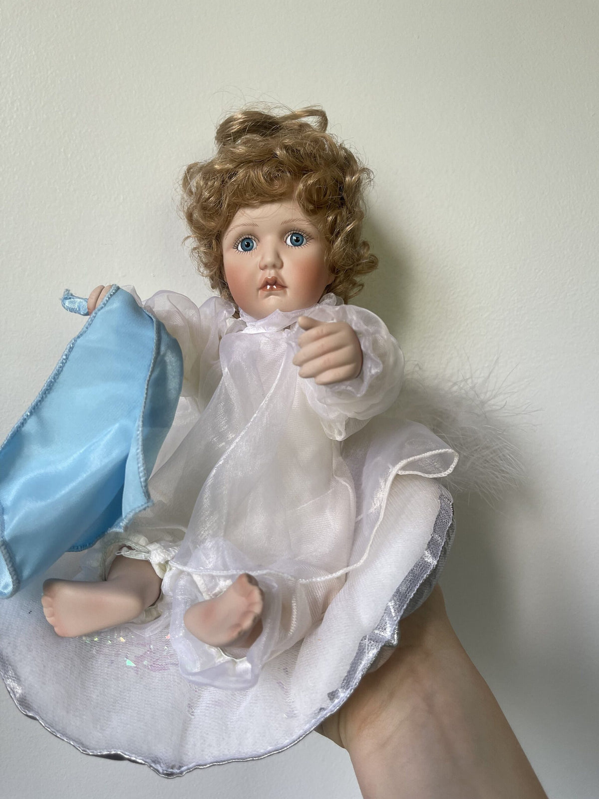 Ashton-Drake Porcelain Angel Baby Doll — White Organza Gown with Blue Pillow