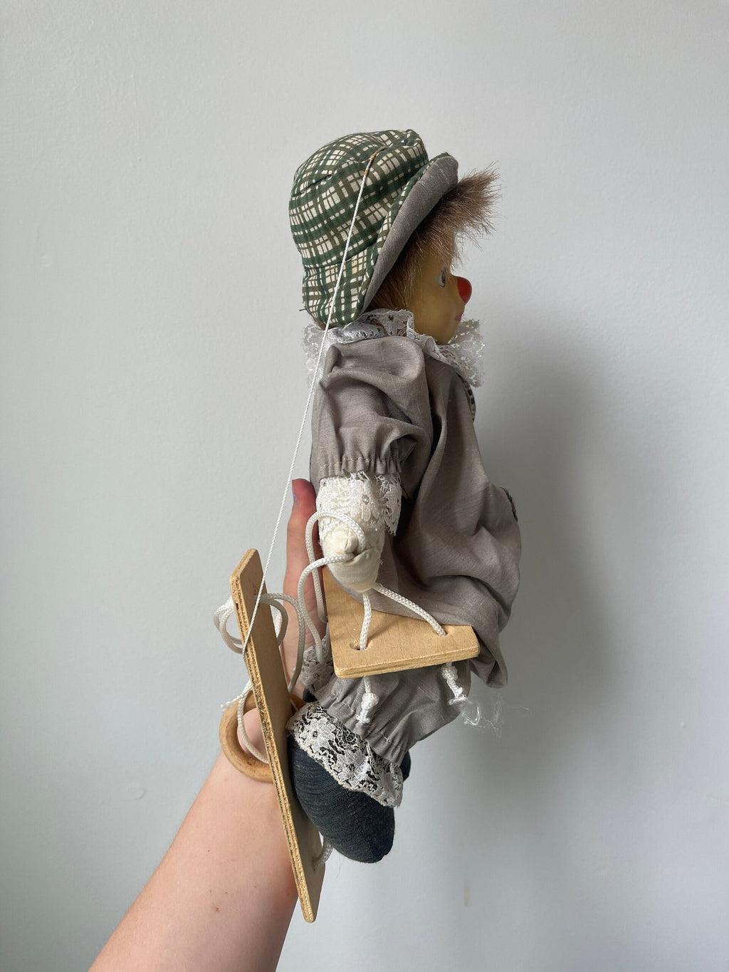 Vintage Clown Marionette on Swing — Grey & Green Plaid Costume