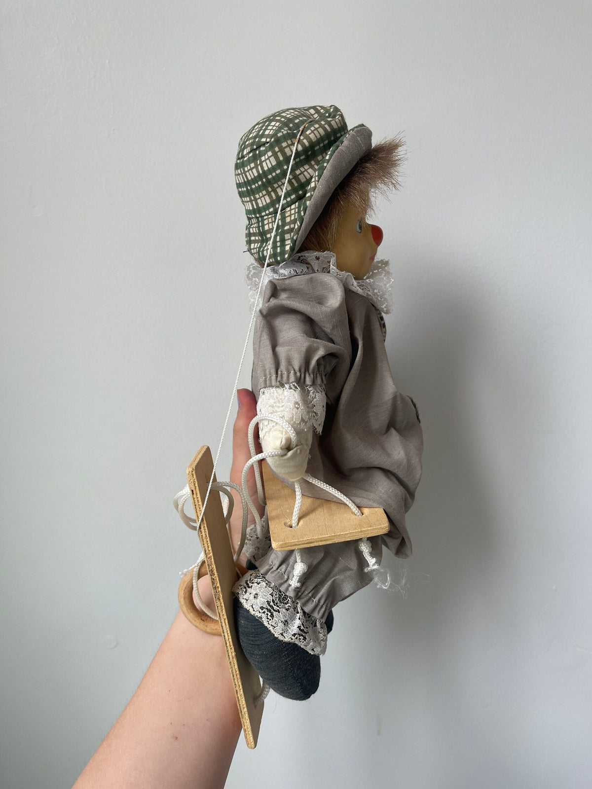Vintage Clown Marionette on Swing — Grey & Green Plaid Costume
