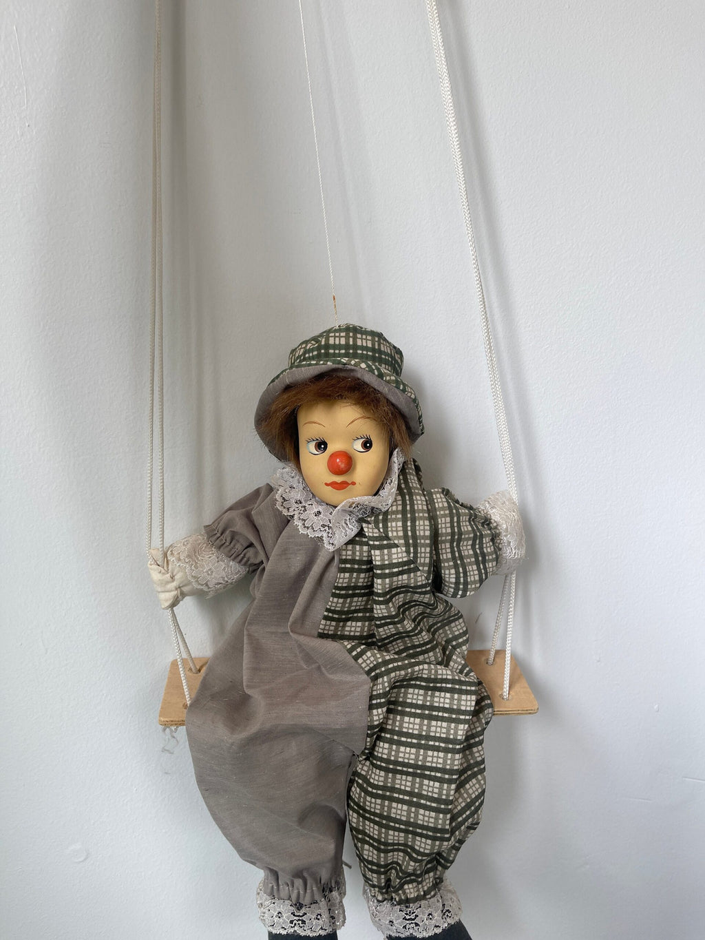 Vintage Clown Marionette on Swing — Grey & Green Plaid Costume