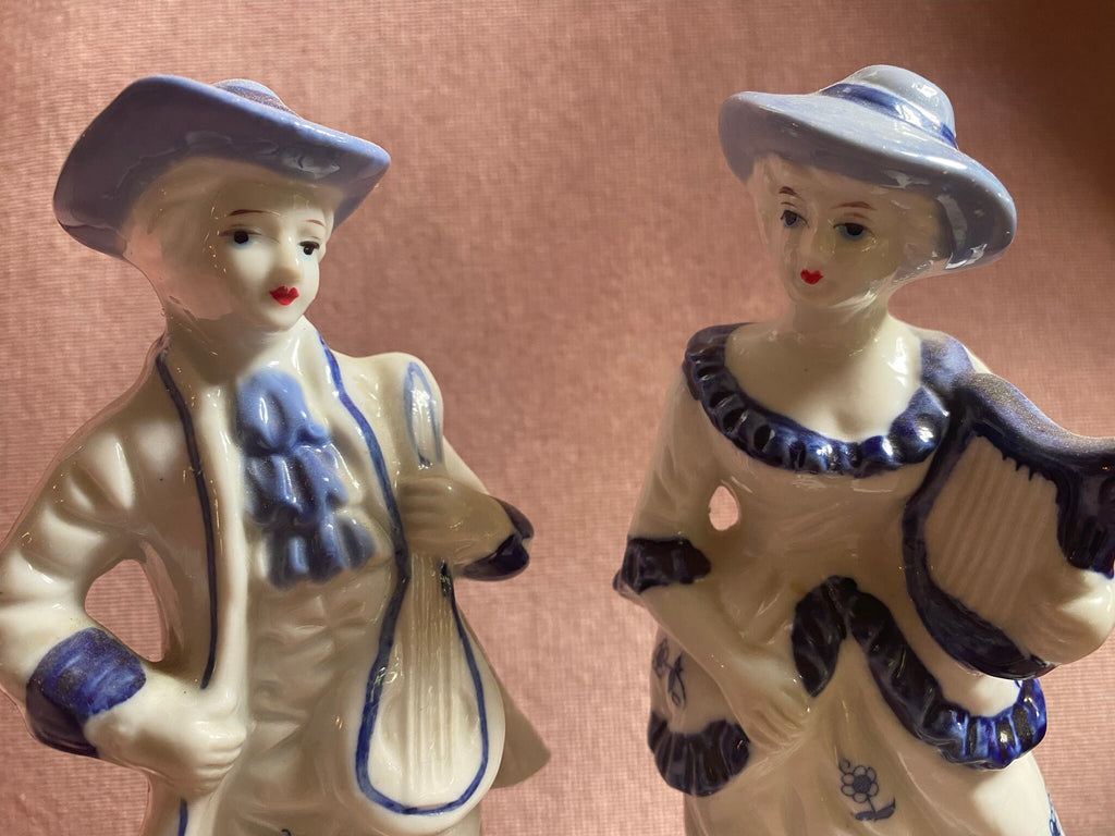 Pair of Vintage Porcelain Musician Figurines — Cobalt Blue & White