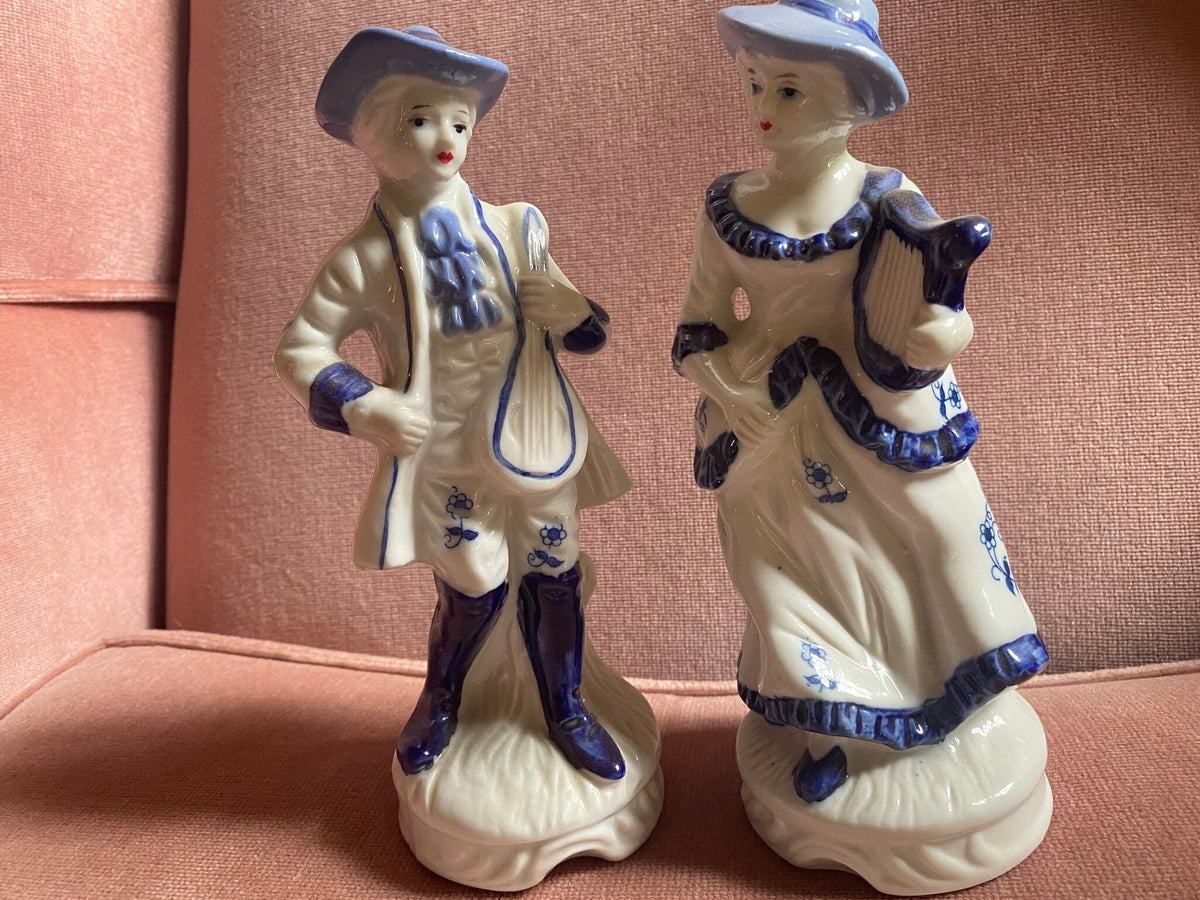Pair of Vintage Porcelain Musician Figurines — Cobalt Blue & White
