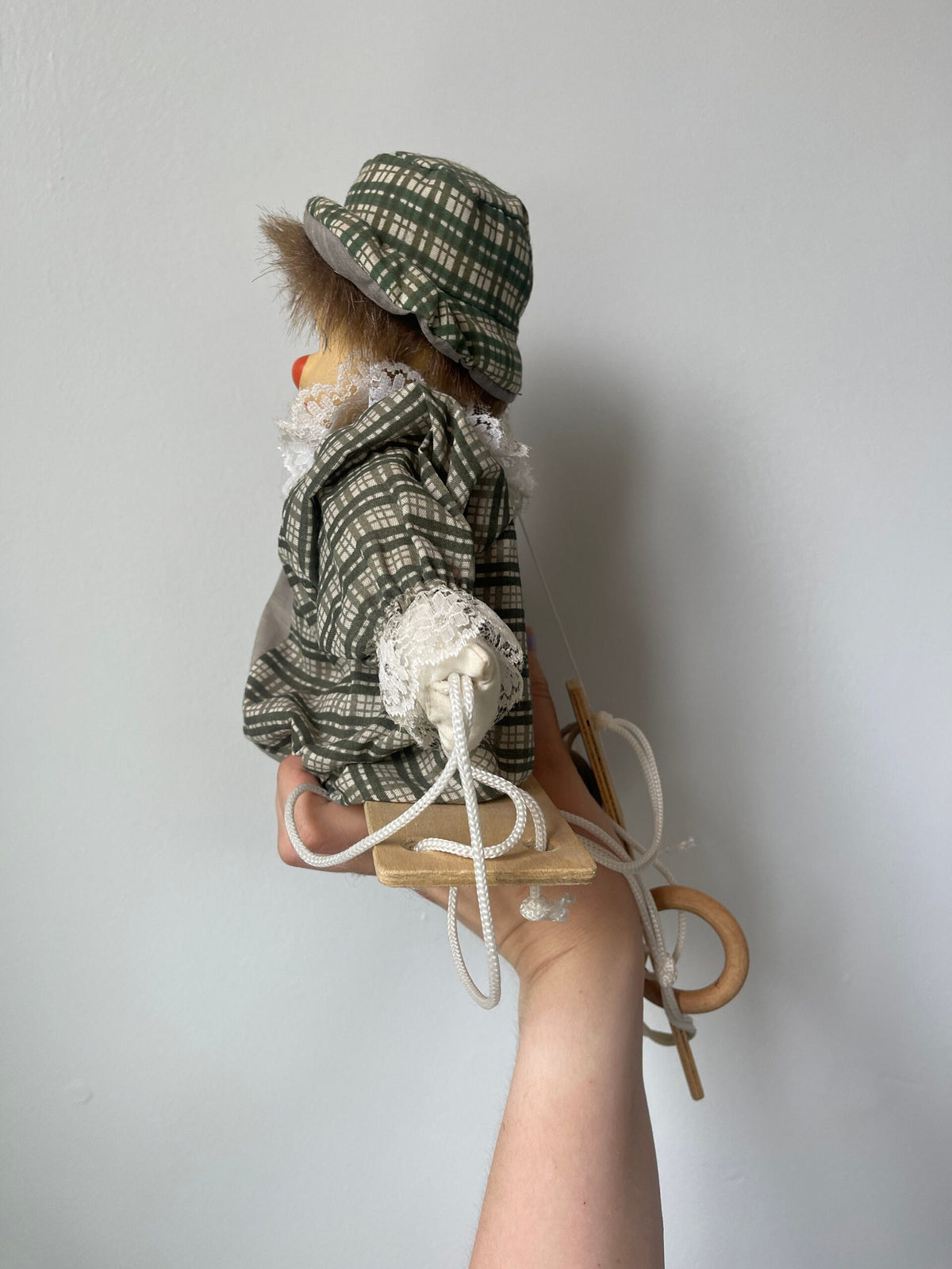 Vintage Clown Marionette on Swing — Grey & Green Plaid Costume