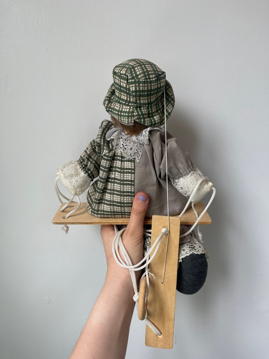 Vintage Clown Marionette on Swing — Grey & Green Plaid Costume